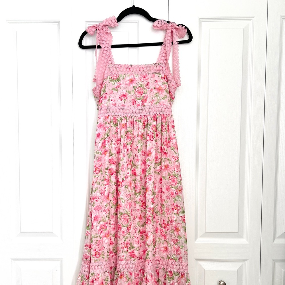 Floral Pink Maxi Dress with Bow Straps